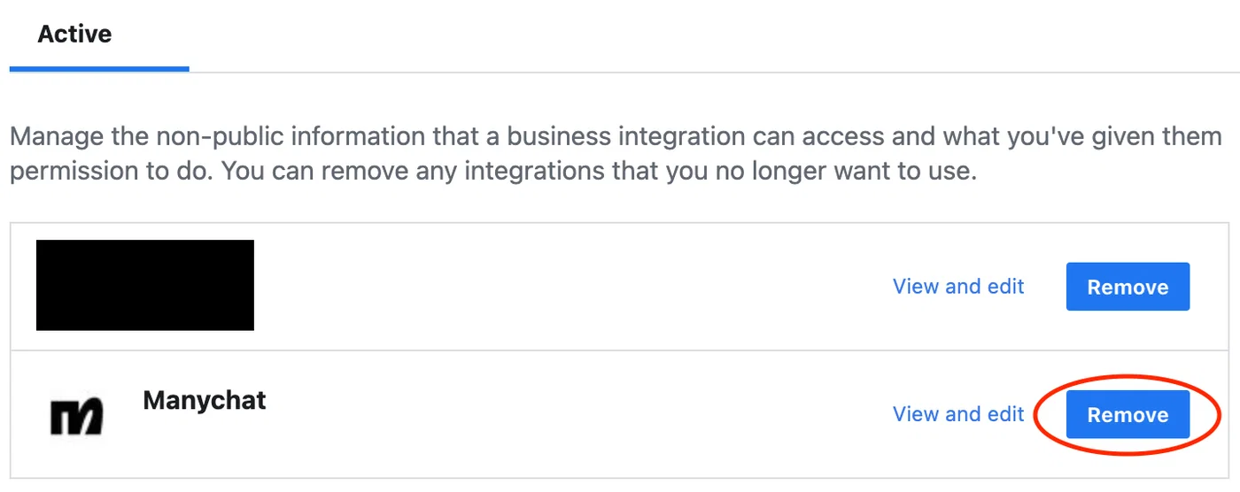 The Active tab of the Facebook Business Integrations screen. The Remove button on the Manychat row is circled in red.